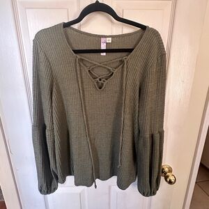 Alya Olive Green Waffle Knit Lace-Up Long Sleeve Top